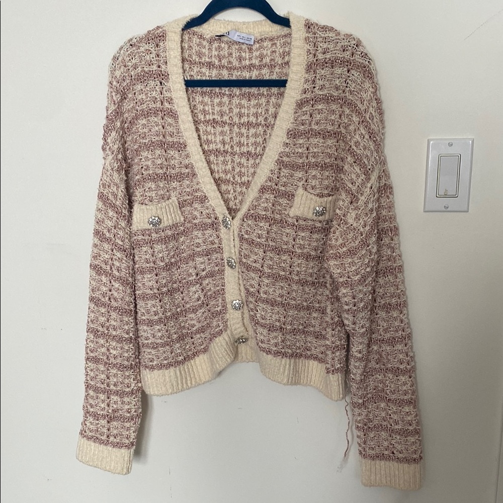 Zara Cozy Cream and Pink Spakrly Knit Sweater